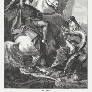 St Georges Battle with the Dragon, wood engraving, published 1882