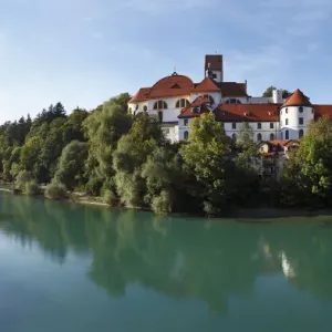 St. Mang Basilica and Lech river, Fussen, Ostallgaeu, Allgaeu, Swabia, Bavaria, Germany, Europe St. Mang Basilica and Lech river, Fussen, Ostallgaeu, Allgaeu, Swabia, Bavaria, Germany, Europe