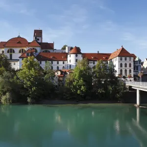 St. Mang Basilica and Lech river, Fussen, Ostallgaeu, Allgaeu, Swabia, Bavaria, Germany, Europe St. Mang Basilica and Lech river, Fussen, Ostallgaeu, Allgaeu, Swabia, Bavaria, Germany, Europe