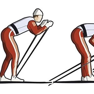 Three stages of cross-country skier pushing forward with two poles, double poling