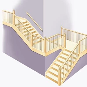 Staircase with landing and wooden railings
