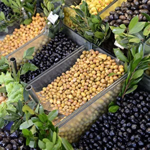 Stand with olives, market in Kadikoy, Istanbul, Asian side, Istanbul Province, Turkey