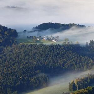 Stanggass near Berchtesgaden in the morning fog, view from Kneifelspitze mountain, Berchtesgadener Land district, Upper Bavaria, Germany, Europe