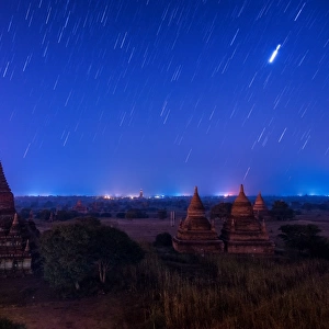 Star trails over the old Bagan pagodas at dawn