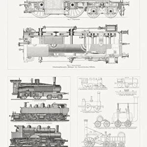 Steam locomotives from the 19th century, wood engravings, published 1897
