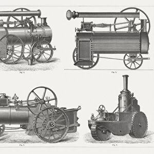 Steam lokomobiles, wood engraving, published in 1877