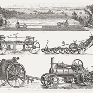Steam ploughing engines, wood engravings, published 1875