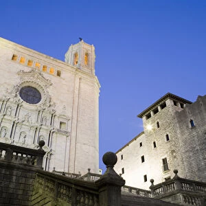 Steps in front of Girona Cathedral at dusk, low angle view, Girona, Spain