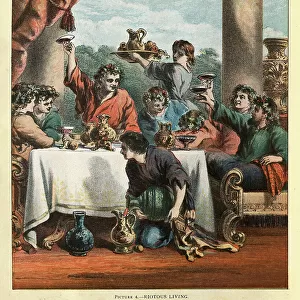 The story of the Prodigal Son, Drinking wine, Riotous living, Victorian religious art, 1880s 19th Century