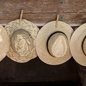 Straw hats for sale, farmers market in Sineu, Majorca, Balearic Islands, Spain