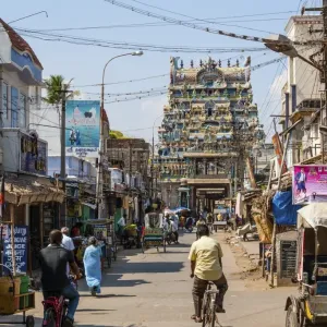 Street scene with temple, Tiruchirappalli, Tamil Nadu, India Street scene with temple, Tiruchirappalli, Tamil Nadu, India