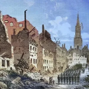 The street Steinstrasse in Strassburg after the capitulation, illustrated war chronicle in 1870-1871, illustrated war history, German, French war 1870-1871, Germany, France The street Steinstrasse in Strassburg after the capitulation, illustrated war chronicle in 1870-1871, illustrated war history, German, French war 1870-1871, Germany, France