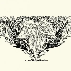 Stylized map of the Peloponnese, Greece, 19th Century Stylized map of the Peloponnese, Greece, 19th Century