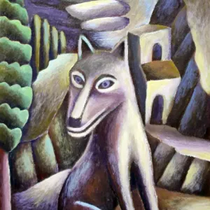 Stylized portrait of dog in landscape