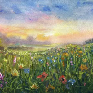 Prato estivo, pittura all'acqua di colore impressionista.