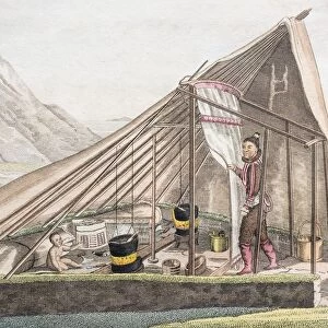 Summer tent of the Greenlanders, hand-colored copper engraving from Friedrich Justin