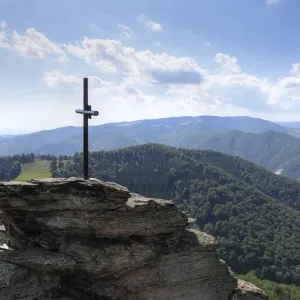Summit cross, Hoher Stein Mountain, Muehlberg, Dunkelsteinerwald, Wachau, Mostviertel, Lower Austria, Austria, Europe Summit cross, Hoher Stein Mountain, Muehlberg, Dunkelsteinerwald, Wachau, Mostviertel, Lower Austria, Austria, Europe