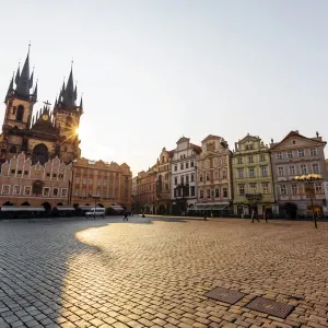 Sunbeam shining through the towers of Tyn Church at the Old Town Square, Prague, Czech Republic Sunbeam shining through the towers of Tyn Church at the Old Town Square, Prague, Czech Republic