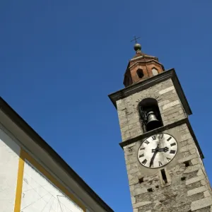 Sundial and church steeple, Ronco sopra Ascona, Ticino, Switzerland, Europe