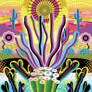 Sunrise Landscape Desert Garden, Saguaro, Ocotillo and flowering cactus. Digital Illustration of sunrise in abstract symmetry