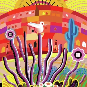 Sunrise Landscape Desert Garden, Saguaro, Ocotillo and flowering cactus illustration