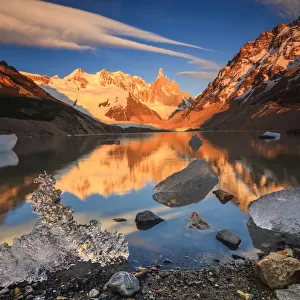 Sunrise at the mountain Cerro Torre with ice floes