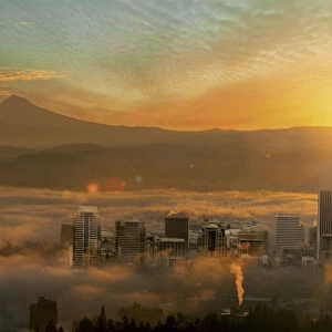 Sunrise and Rolling Fog over city of Portland Oregon