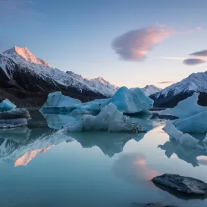 Sunrise at Tasman glacier river Sunrise at Tasman glacier river
