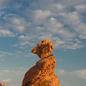 Sunset on Balancing Rock with clouds in background, Valley of Fire State Park, Nevada, USA