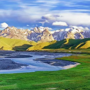 Sunset over the Central Tien Shan Mountains and glacier river, Kurumduk valley, Naryn province, Kyrgyzstan Sunset over the Central Tien Shan Mountains and glacier river, Kurumduk valley, Naryn province, Kyrgyzstan