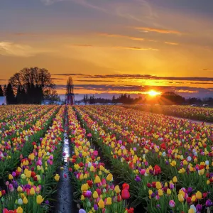 Sunset over tulip field