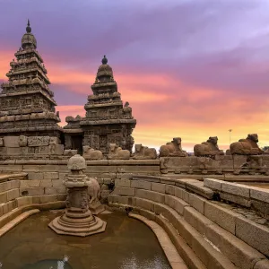 Sunset View at Shore Temple Complex with Miniature Shrine in Mahabalipuram, Kanchipuram, Tamil Nadu, India