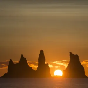 Sunset at Vik sea stacks in Iceland