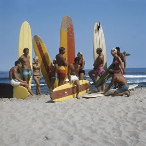 Surfers holding surfboards on beach