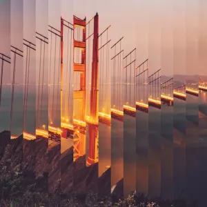 Surreal rearranged strips picture of the Golden Gate bridge at dusk with cool effect Surreal rearranged strips picture of the Golden Gate bridge at dusk with cool effect