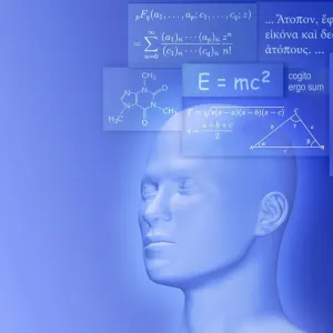 Image symbolique représentant la connaissance, tête bleue avec diverses tables écrites de formules mathématiques, formules chimiques, extraits de l'Allegorie de la Caverne de Platon etc. dessin géométrique, triangle, section du tableau périodique des élém Image symbolique représentant la connaissance, tête bleue avec diverses tables écrites de formules mathématiques, formules chimiques, extraits de l'Allegorie de la Caverne de Platon etc. dessin géométrique, triangle, section du tableau périodique des élém