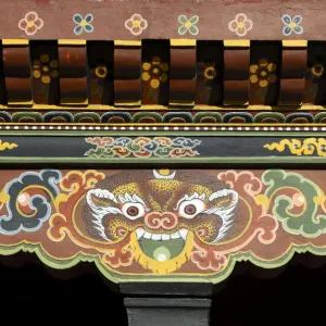 Symbolic representation of a tiger on the beams of a building, Thimphu, Bhutan, South Asia Symbolic representation of a tiger on the beams of a building, Thimphu, Bhutan, South Asia
