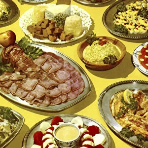 Tabletop of Platters and Bowls of Food