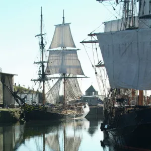 Tall sailing ships in Charlestown harbor England