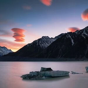Tasman Glacier and Lenticular clouds sunrise