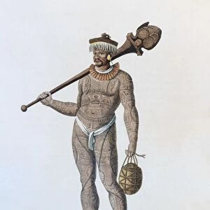 Tattooed Nukahi warrior with club and gourd, handcoloured copper engravings from picture