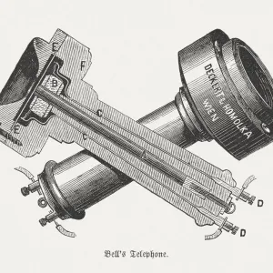 Le téléphone d'Alexander Graham Bell (1847-1922), gravure sur bois publiée en 1880. Le téléphone d'Alexander Graham Bell (1847-1922), gravure sur bois publiée en 1880.