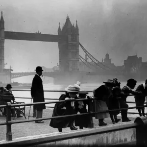 Thameside Print circa 1900: Children by the River with Tower Bridge