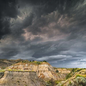 Thunderstorm approaching on Dakota prairie, Theodore Roosevelt National Park, North Dakota, USA