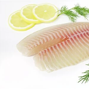 Tilapia fillets on plate with lemon and dill