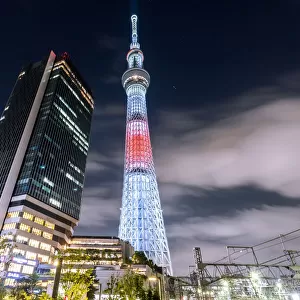 Tokyo Sky tree illuminated with special light up for celebration olympic at night, Tokyo
