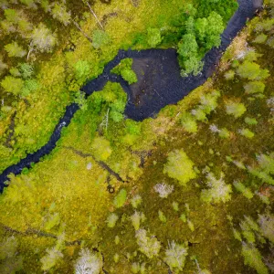 Top-down aerial view of a small river flowing through remote landscape in the Finnish