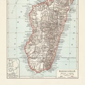 Topografic map of Madagascar, lithograph, published in 1897