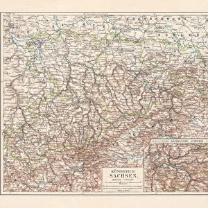 Topographic map of the Kingdom of Saxony (Germany), lithograph, 1897