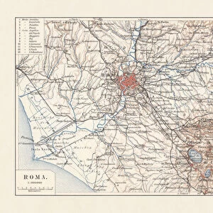 Topographic map of Rome, Italy and surroundings, lithograph, published 1897